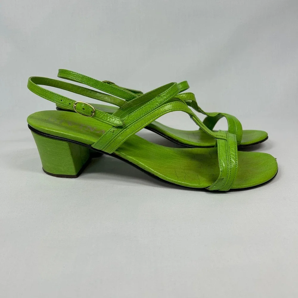 Vintage Divina Made in Italy Lime Green Sandals – Y2K Leather T-Strap Heels 9.5N